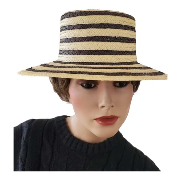 Vintage J Crew Cloche Black & Cream/Tan Stripe Straw Hat. Sz 8
